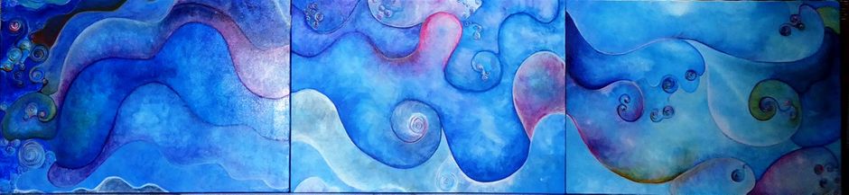 Al di là del tempo e dello spazio – trittico 
-Anno: 2017
-Misure: 50x2,10
-Tecnica: acrilico
-supporto: tela
-Quotazione: €3500,00
Il trittico completa il percorso che si snoda in uno spazio-tempo che non ha confini, dove presente e passato, i morti e i viventi, tempi e personaggi del passato si uniscono a quelle del presente, ma partendo da una stessa origine, sospesi nell’ “oltre”, nel corpo astrale, nella dimensione del sogno, nella dimensione dell’anima.
“Mondo eterno e mondo mortale fluiscono l'uno nell'altro, compenetrandosi strettamente, come ben esprime l'espressione gaelica «intessuti l'un l'altro”. (O'Donoghue 1998)
“Come il tempo è successione di luce e di tenebre (notte ↔ giorno / inverno ↔ estate), così lo spazio è un continuo ciclo di passaggio tra il mondo mortale e il mondo eterno. I cicli dei giorni, dei mesi, degli anni, sono soltanto l'aspetto temporale di quel continuo flusso ontologico che trasfigura i due stati della realtà – il buio e la luce, la potenza e l'atto, la vita e la morte, il naturale e il soprannaturale, il fisico e il metafisico – l'uno nell'altro, in un eterno alternarsi da cui deriva l'essenza stessa del mondo in cui viviamo.”
https://bifrost.it/CELTI/4.Eriuiltempoelospazio/02-Tempo.html#II