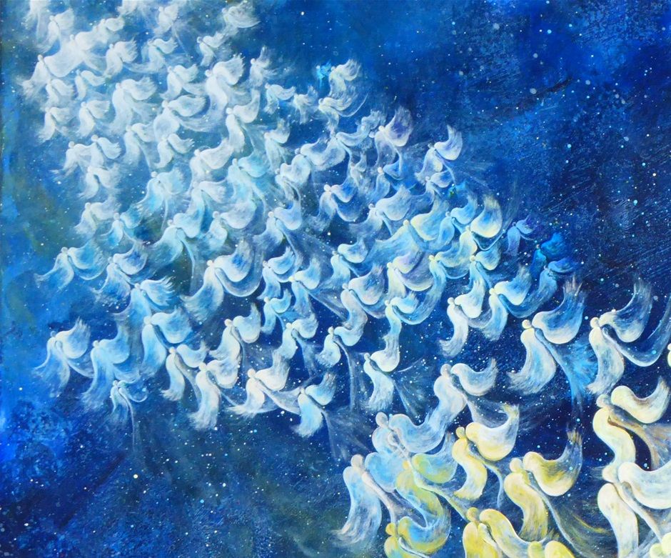 -Titolo: “Il volo degli angeli”
-Anno: 2017
-Misure: 60x70
-Tecnica: acrilico
-supporto: tela
-Quotazione: €1500,00
Gli angeli rappresentati con le loro ali fin dai tempi dei tempi, li ho immaginati come essenze di luce, si rendono visibili solo a chi è degno, chi è puro nel cuore e nell’animo, sono i protettori ed in molti hanno parlato della loro presenza.
Isabelle von Fallois che, in seguito a una brutta malattia era sull’orlo della morte, cominciò a ricevere visite e messaggi dagli angeli afferma che non c’è niente di più “normale” che entrare in contatto con gli angeli, i quali: “Sono messaggeri del creatore, il cui compito consiste nell’accompagnare e nell’aiutare le persone nel corso della loro vita. Gli angeli custodi sono accanto a una persona dal primo giorno fino al termine della vita.”